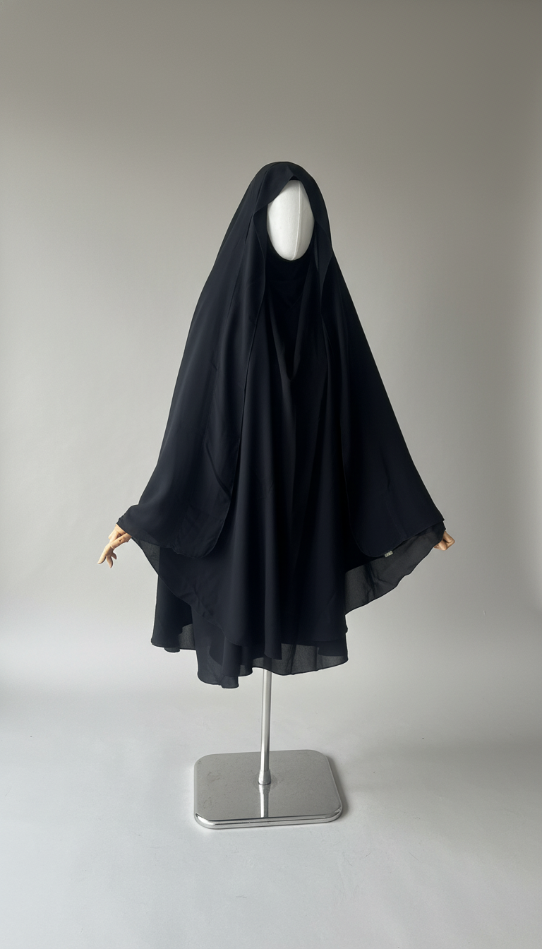 Khimar Nema: Black, Medium Length, Open-Neck & Flap Design