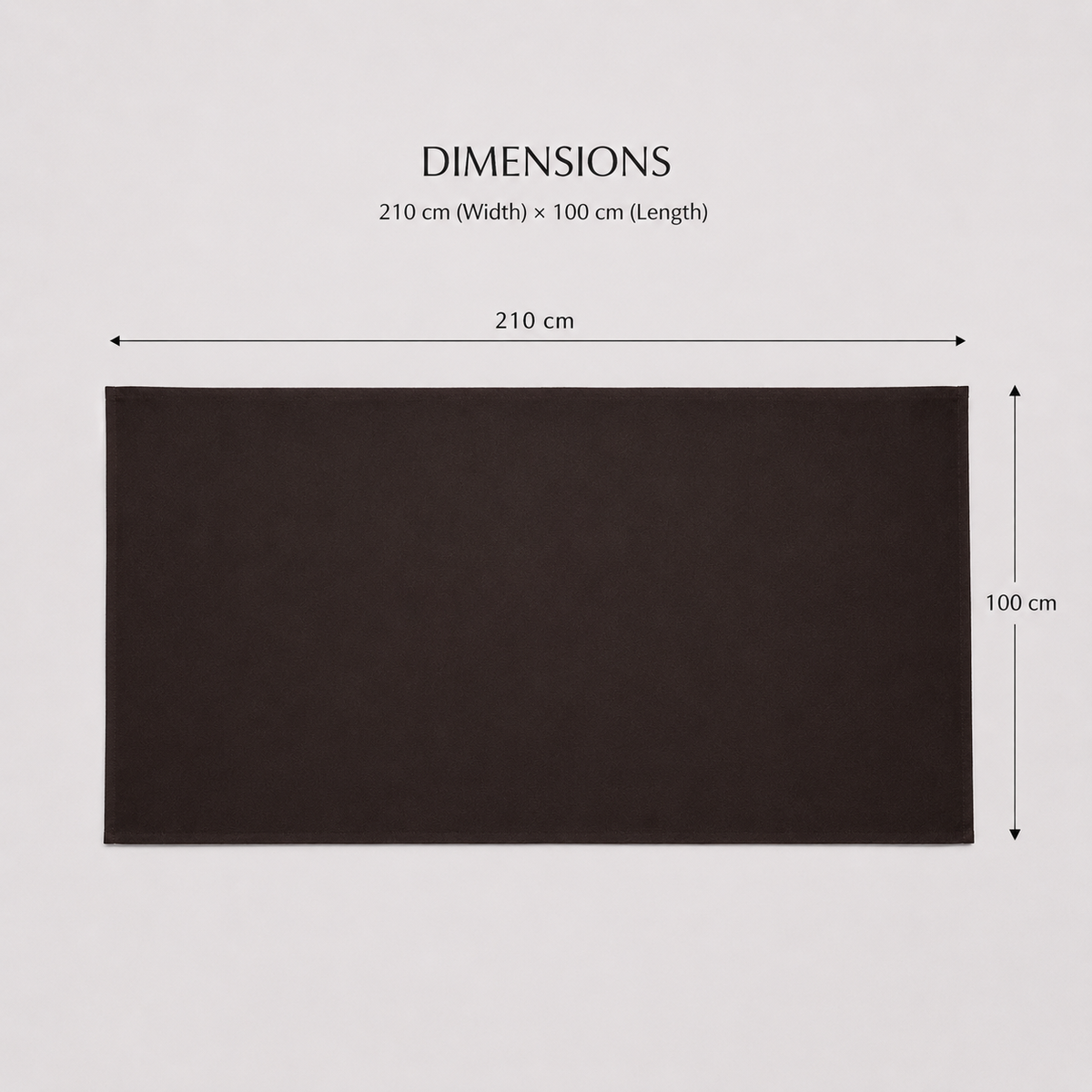 A dark brown rectangular mat or rug shown on a light gray background with dimension labels above it reading 210 cm width and 100 cm length.