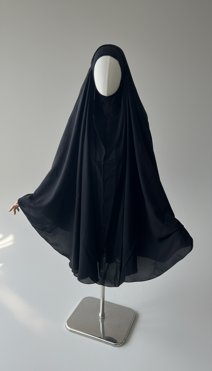 Khimar Nema: Black, Medium Length, Open-Neck & Flap Design